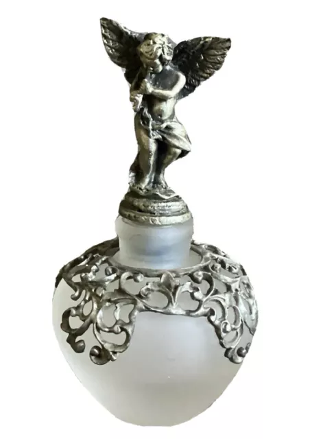 Vintage 80s Pewter Cherub Angel Play Flute Stopper Frosted Glass Perfume Bottle