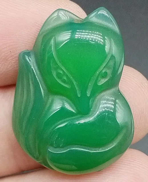 Certified Green Natural A Agate Chalcedony Fine Hand Carved Fox Lucky Pendant