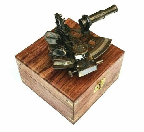Handmade Brass Nautical Antique Finish Marine Sextant W/Brown Wooden Box Gift