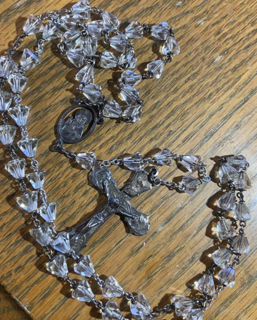 Beautiful Clear Diamond shaped Rosary Beads with Sterling Cross R-4