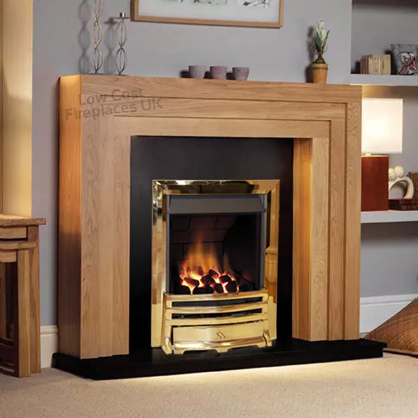 GAS OAK SURROUND COAL BLACK GRANITE FIREPLACE SUITE (with downlights)