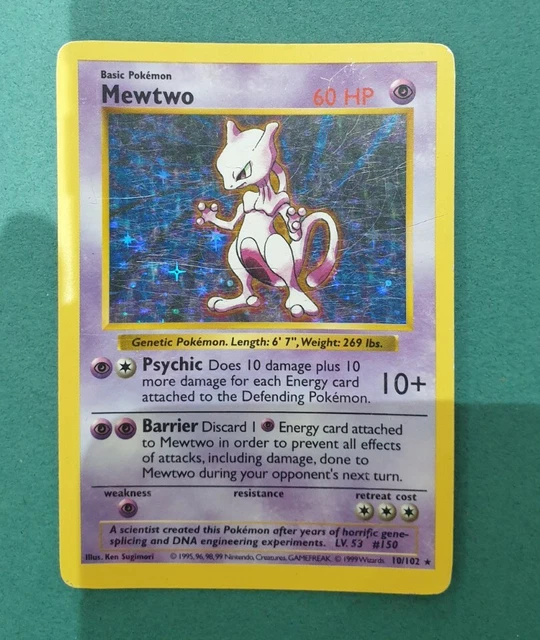 Mewtwo 10/102 schattenloser Holo selten - Basisset Pokemon Karte Wotc - Ex Vintage