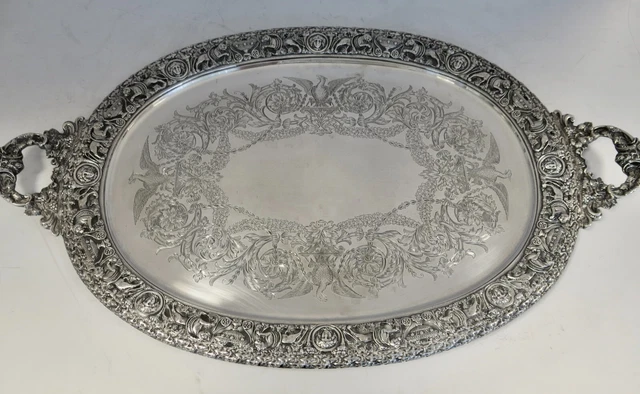 Stunning, Antique English Cast Border Cellini Style Sterling Silver Tray.