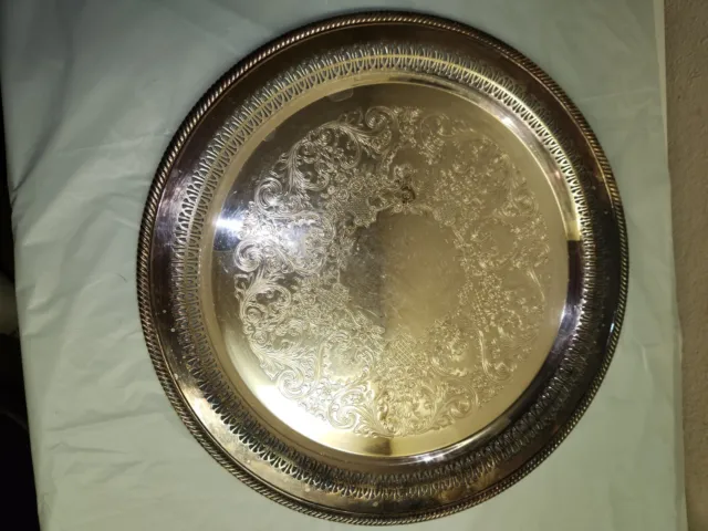 15 in. Round Silver plate WM Rogers 162 pierced platter Vintage etch