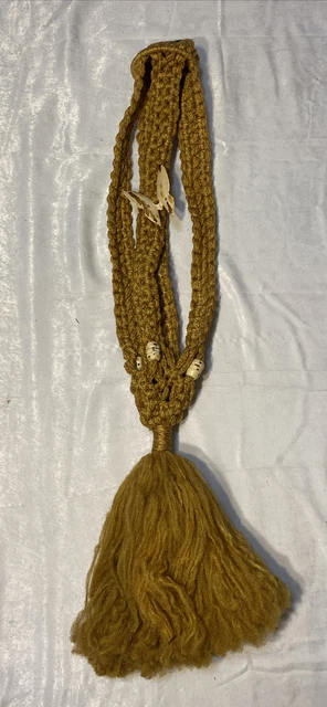 Vintage Macrame Plant Hanger Holder 39"L Ceramic Butterfly & Beads