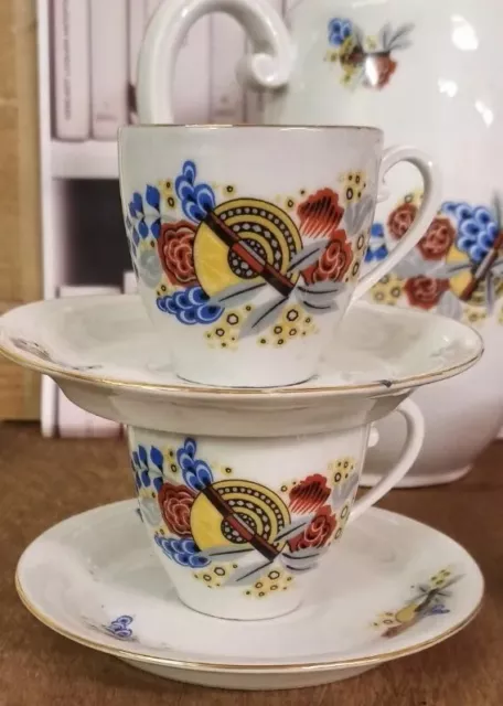 Ancien Service à Café en  Porcelaine Art Déco ( 6 Tasses ,  Sucrier , Cafetière)