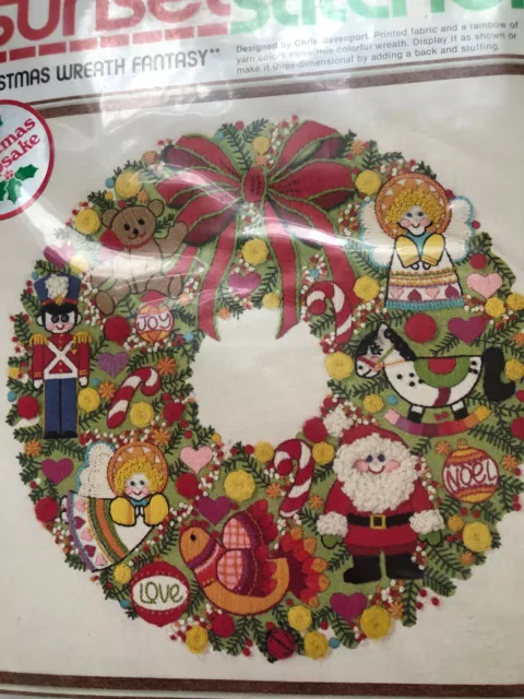 VINTAGE SUNSET STITCHERY Crewel Embroidery Kit Christmas Wreath Fantasy ...