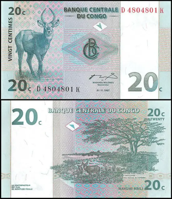 Congo Democratic Republic 20 Centimes, 1997, P-83, UNC