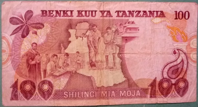 TANZANIA 100  SHILLINGI NOTE FROM 1977, P8 c, SIGNATURE 6 2