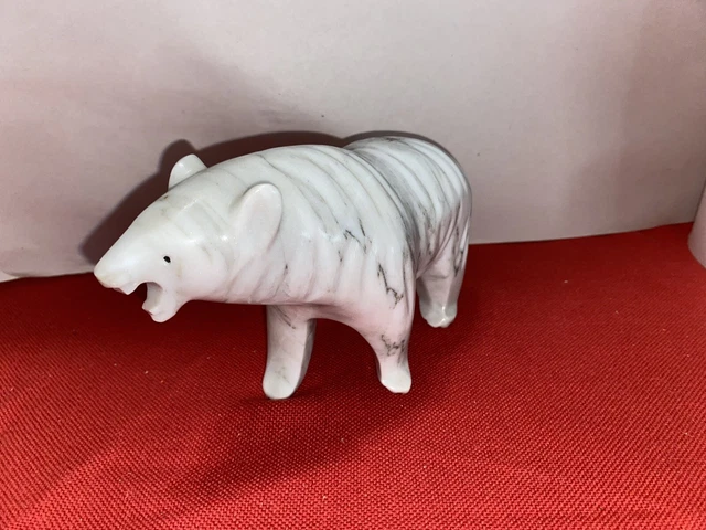 Stone Carved Bear Figurine White Black 4 Inch