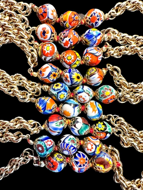 Antique Vtg Venetian Millefiori 27 Glass Beads Gold Tone Finishings Silk Cord