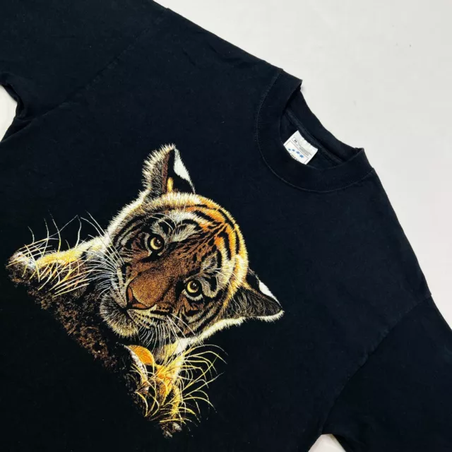 Vintage Black Tshirt Mens Medium Cute Tiger Graphic Nature Animal Screen Stars