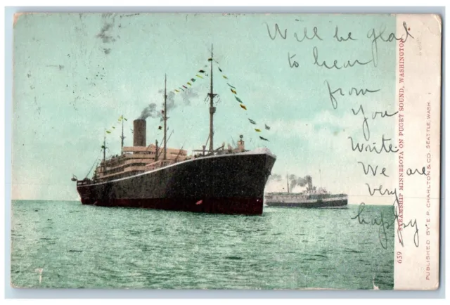 Puget Sound Wisconsin WI Postcard Steamship Minnesota Ships Scene 1909 Antique