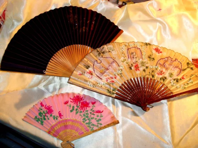 Antique to Vintage Asian PAPER FANS, LOT OF 3