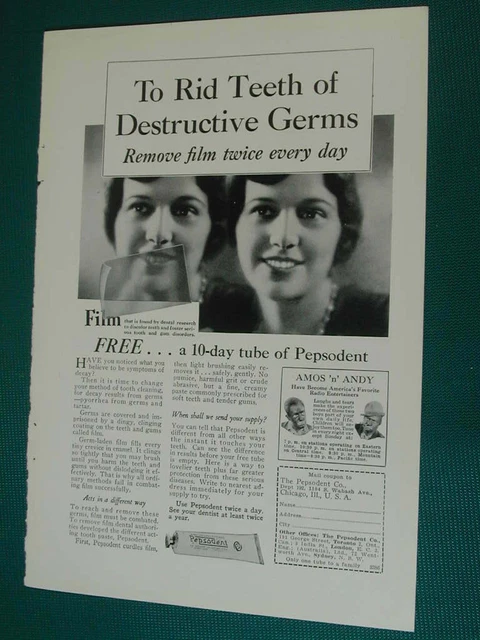 1930 PEPSODENT TOOTHPASTE advertisement, free toothpaste tube, Amos ‘n ...