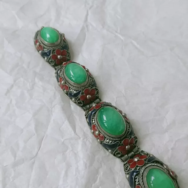 Exquisite Old Chinese tibet silver Cloisonne inlay jade handmade Bracelet 68012 3