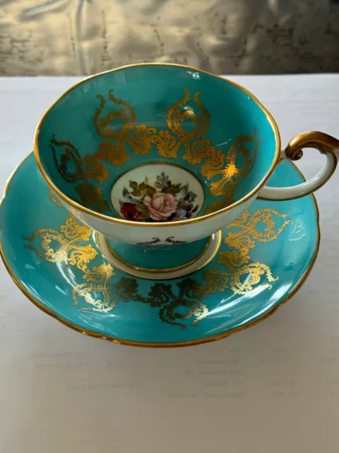 Aynsley England Cabbage Rose Signed J A Bailey Tea Cup And Saucer Turquoise Blue