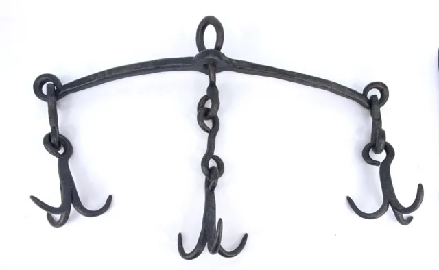 Antique Hand-Forged Iron Hooks Kitchenalia Pans Butchers' Well Game Row of 3