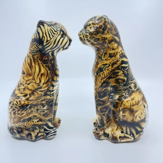 Pair Of La Vie Safari Patchwork Ceramic Animal Print Cat Figurine Cheetah X2 2