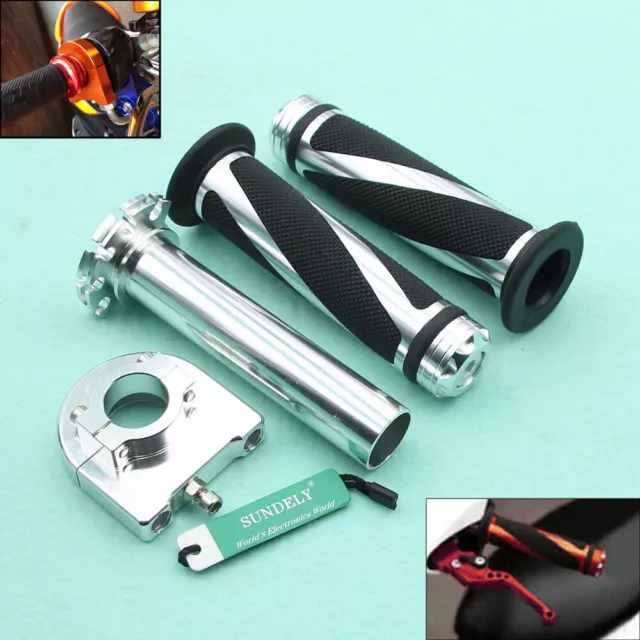 Motorcycle Motorbike Handlebar CNC Hand Grip & Throttle Twist Tube Silver 22mm