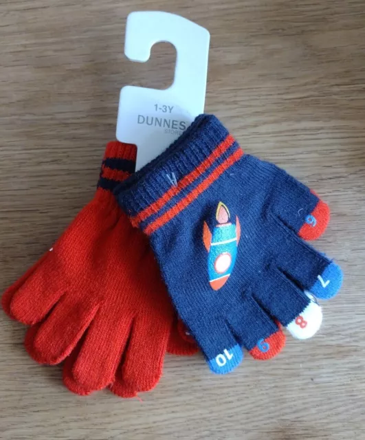 2 X Pairs Kids Gloves, 1-3yrs,Dunnes Stores, Rocket Count Down, Navy Blue/Orange