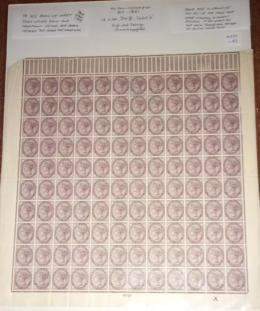 GB QV, 1881, SG172, 1d LILAC, 16 DOTS - ½ sheet of 120 - MNH & MM- Control X