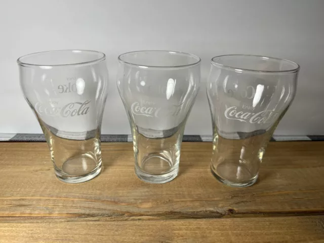 Set of 3 VTG Enjoy Coca Cola Coke Glasses Clear Glass 12 oz 5" Tall Bell Shape