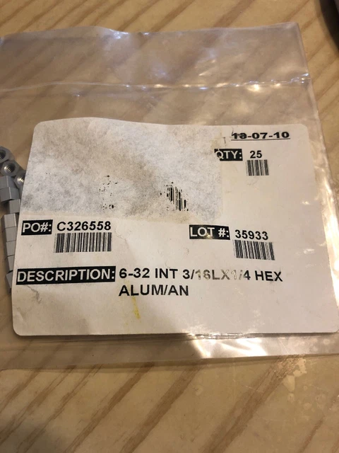 25 pcs     6-32 x 3/16LX1/4 Hex Standoff Aluminum Rigth Hand Female.