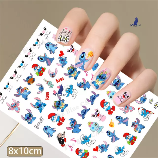 Nail Art Stickers Transfers Self Adhesive Disney Stitch &Smurf Nail Art Stickers