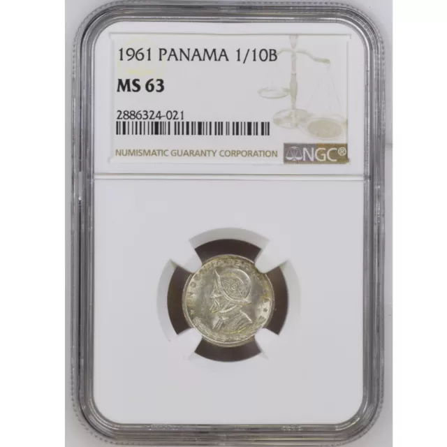 1961 Panama 1/10B Un Decimo de Balboa NGC MS 63 Silver Coin