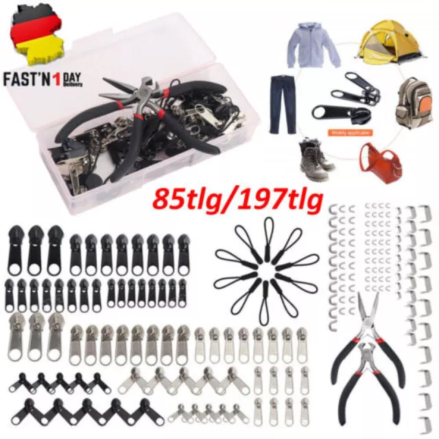 197x Reißverschluss Reparatur Set Repair Metall Zipper Fixer Kopf Ersatz & Zange