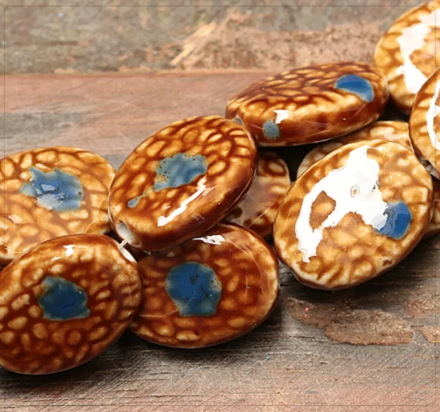2x Porzellan Keramik Perlen Beads Schmuck DIY Basteln 29x22mm Braun Blau tb179