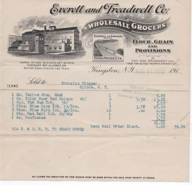 Graphic 1919 Billhead Everett & Treadwell Co Wholesale Grocers Kingston NY