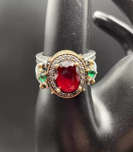 Sterling 10K YG Reversible Ring Emerald Ruby Diamond Simulated Stones  Size 8