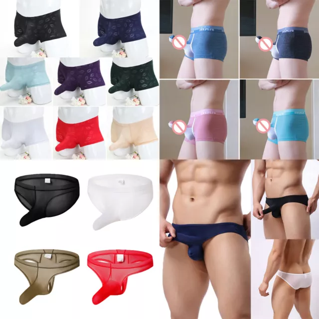 Mens Sexy Mesh Elephant Nose Pouch Boxer Briefs Underwear Bikini-Trunks Shorts