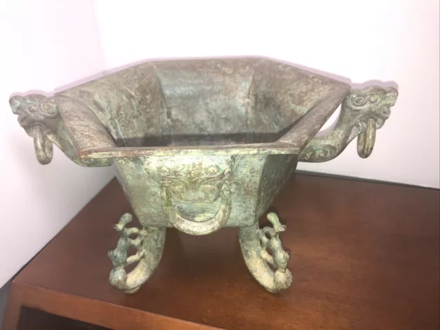 Antique Chinese Archaistic Bronze Hexagon Censer With Twin Beast Ring Handles