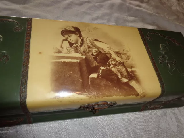 Antique Victorian Celluloid Sepia Boy Dreaming Embossed Cherub Glove Necktie Box