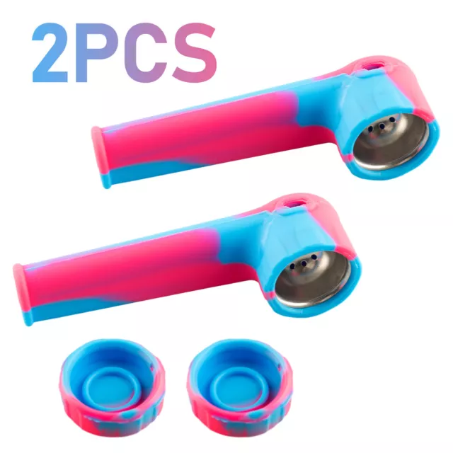 Silicone Smoking Pipe with Metal Bowl & Cap Lid | Blue/Rose Red  | Set of 2