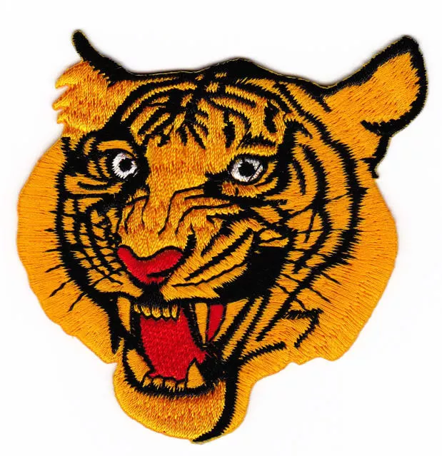 am33★Tiger Kopf Gelb Aufnäher zum aufbügeln Bügelbild Gestickt Patch 8 x 8,5 cm