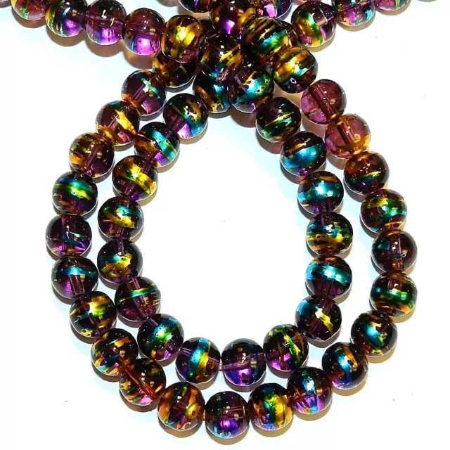 G1763 Dark Purple 8mm Round Multi-Swirl Metallic Drawbench Glass Beads 32"