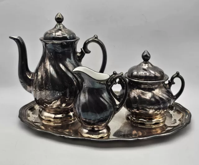 Antique WMF Coffee Tea Set Silver Over Porcelain Tea Pot Sugar & Creamer Germany