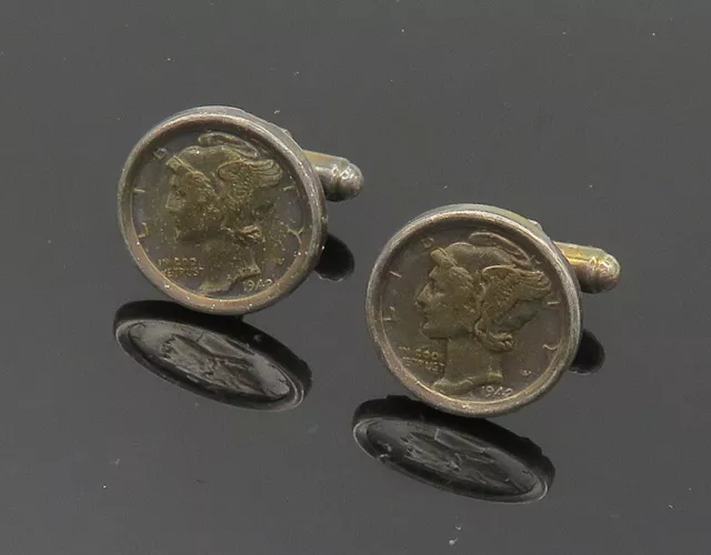 925 Sterling Silver - Vintage Shiny United States Dime Coin Cufflinks - TR2768