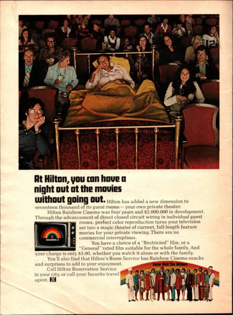 1974 Hilton Hotels: You Can Have a Night Out at the Movies Vintage Print Ad e1