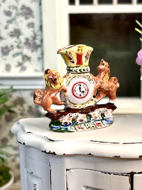 Vintage Artisan Miniature Dollhouse Porcelain Signed Painted Staffordshire Clock