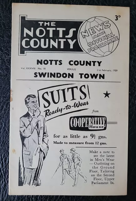 Programme Notts County V Swindon Town 1958 / 1959 Division 3