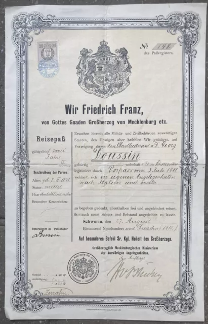 Reisepass Großherzog von Mecklenburg 1913 passport Grand Duke Mecklenburg FISCAL