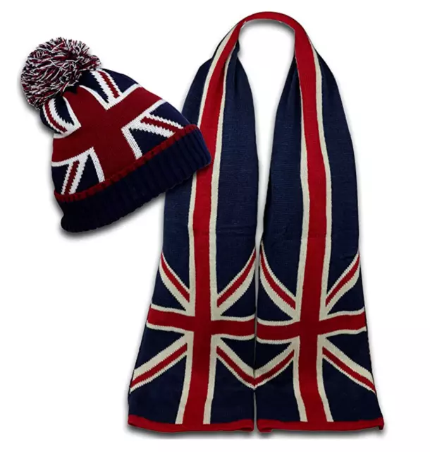 Union Jack Woolen Scarf With Beanie Set Unisex Blue British Flag Print Scarves