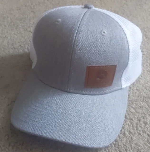 John Deere offset leather patch hat gray white trucker cap