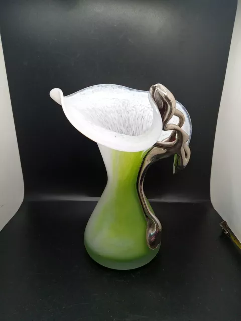 ART DECO STYLE GREEN & WHITE GLASS VASE W/ SILVER ACCENTS 7"signed MADLY 2