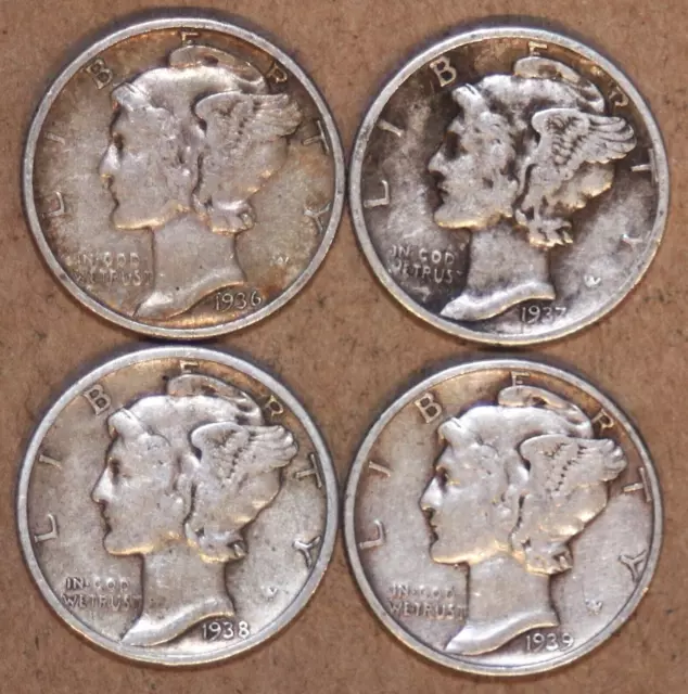 (4) Mercury Dimes - Extra Fine - 1936 1937 1938 1939 - #1345CA621 FREE SHIPPING